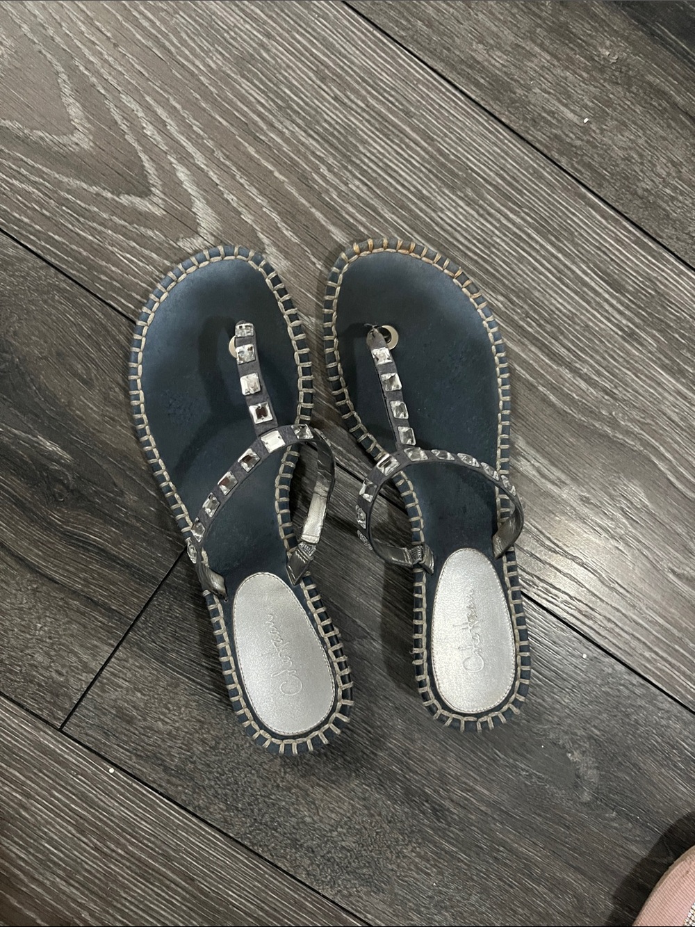 Cole Haan Navy Blue T-Strap Sandals with Square Studs